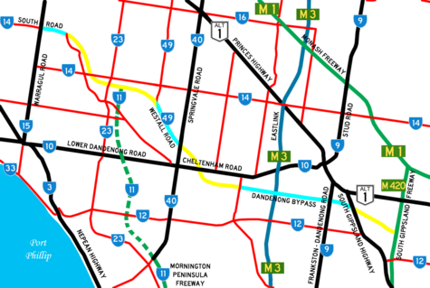 A map showing an overview of the planned Dingley Freeway route including surrounding roads. Sections that have been constructed are in fluro blue while proposed sections are in light yellow. For full legend, click the image.