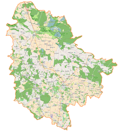 Mapa konturowa powiatu trzebnickiego, po lewej znajduje się punkt z opisem „Bagno”