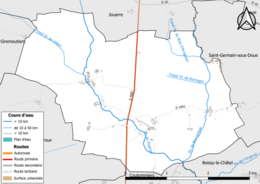 Carte en couleur présentant le réseau hydrographique de la commune