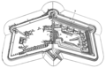 Plan XIX-wiecznego fortu z kaponierami zewnętrznymi (stokowymi): podwójną czołową (ozn. lit. g) i dwoma pojedynczymi barkowymi (h)