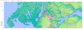 La péninsule de Taitao (à gauche). La carte SRTM ne montre pas la connexion existant entre la Laguna San Rafael et le canal Moraleda.