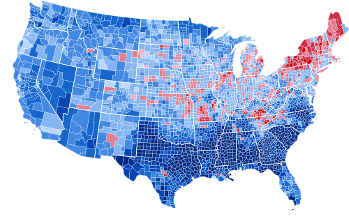 Results by county, shaded according to winning candidate's percentage of the vote