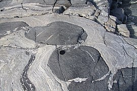 Boudinage em migmatitos altamente deformados (Gronelândia, próximo de Kangerlussuaq).