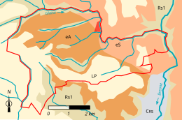 Vue d'une carte répartissant un territoire communal en grandes zones géologiques de couleurs différentes.