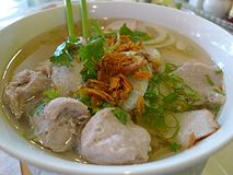 Bowl of bún mọc in Vietnam. Bún is rice vermicelli, while mọc means pork-ball