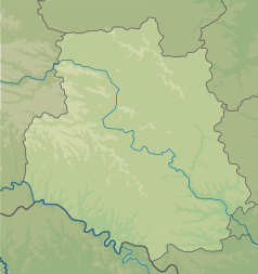 Mapa konturowa obwodu winnickiego, blisko centrum na prawo u góry znajduje się punkt z opisem „źródło”, natomiast po prawej nieco na dole znajduje się punkt z opisem „ujście”