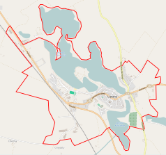 Mapa konturowa Lipian, blisko centrum po prawej na dole znajduje się punkt z opisem „Ratusz w Lipianach”