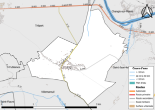 Carte en couleur présentant le réseau hydrographique de la commune