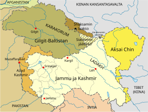 Kashmirin kiistan osapuolet: Jammu ja Kashmir:  Intia (Pakistanin vaatima alue). Azad Kashmir:  Pakistan (Intian vaatima alue). Karakoramin vuoristo:  Pakistan (Intian vaatima alue). Siachenin jäätikkö:  Intia (Pakistanin vaatima alue). Aksai Chin:  Kiina (Intian vaatima alue). Shaksamin laakso:  Kiina (Intian vaatima alue)