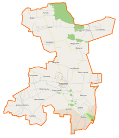 Mapa konturowa gminy Raszków, w centrum znajduje się punkt z opisem „Raszków”