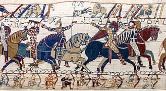 La Batalla de Hastings (c. 1066-1082), escena del tapiz de Bayeux, Museo del Tapiz de Bayeux, Bayeux