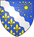 Blason de l'Essonne : Tranché d’azur à un besant d’or rayonnant de dix-huit rais chargés de vingt-trois besants plus petits, le tout du même, et de France ancien ; à la cotice ondée d’argent brochant sur la partition.