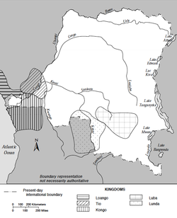 The approximate location of Tio Kingdom, showing the Democratic Republic of the Congo in white.