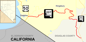 Nevada State Route 207 starts near the shores of Lake Tahoe and runs east through Daggett Pass to meet SR206 near Minden.