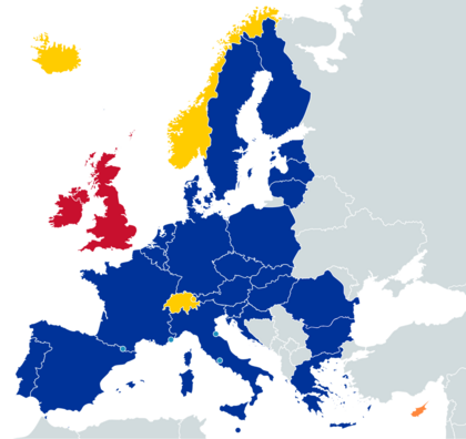 labelled map of Europe showing Schengen Area