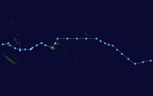 A track-map of a tropical depression moving from Vanuatu through the Southern Pacific Ocean