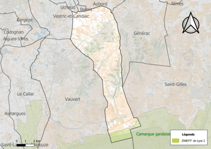 Carte de la ZNIEFF de type 2 sur la commune.