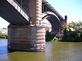 Bridge supports from the river.