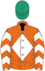 Orange, white diamond, white chevrons on sleeves, emerald green cap