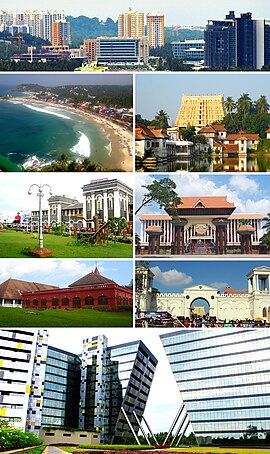 Left to right, from top: Thiruvananthapuram City Skyline, Kovalam Beach, Padmanabhaswamy Temple, Thiruvananthapuram Central railway station, Niyamasabha Mandiram, Kanakakkunnu Palace, East Fort, Technopark