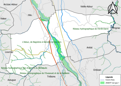 Carte des ZNIEFF de type 1 sur la commune.