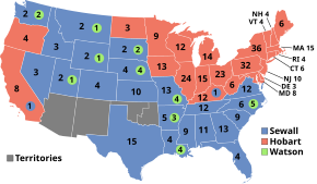 Electoral ballots for the Vice Presidency by state, red for Hobart, blue for Sewall, and green for Watson