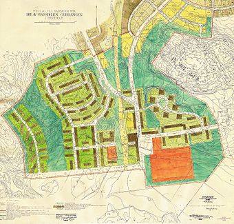 Rybergs stadsplaner för Gubbängen från 1944. Till vänster den västra delen och till höger den östra. Båda historiska gårdarnas läge är markerade.