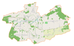 Mapa konturowa gminy Mstów, blisko centrum na lewo znajduje się punkt z opisem „Zespół klasztorny w Mstowie”