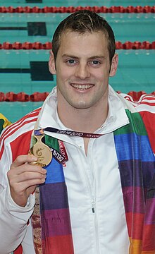 XIX Commonwealth Games-2010 Delhi Winners of (Men`s) 100m Swimming Breaststroke, Liam Tancock of England (Gold).jpg