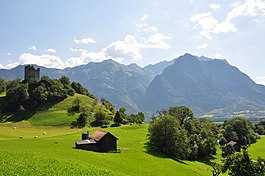 View of the ruined Wartau castle, looking south-east across the Rhine Valley towards Mittagspitz