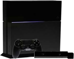 En PlayStation 4 konsol samt en DualShock 4 controller og PlayStation Camera.