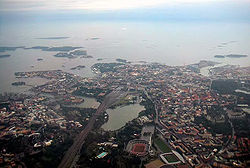 Looking south over the Capital Region of Greater Helsinki toward the Gulf of Finland.