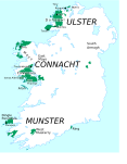 Karta över de irisktalande områdena på Irland. De platser som nämns i denna artikel är utsatta på kartan