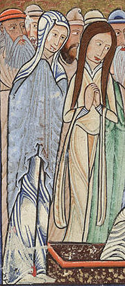 Détail d'une enluminure du psautier de York (1170). Marthe et Marie sont debout, presque serrées l'une contre l'autre, avec cinq personnages barbus et coiffés de bonnets derrière elles, figurant, dans ce type d'image, quelque chose comme une foule. Elles sont habillées de longues robes enveloppant tout leur corps, l'une, à gauche, la tête voilée, l'autre, à droite, la tête encadrée par des cheveux très bruns et de longues nattes de même couleur. Elles joignent les mains, celles de gauche sous son châle, celles de droite par-dessus son vêtement. Cette dernière (Marthe? Marie?), tourne fortement les yeux vers la droite du tableau (invisible ici), où le Christ réveille Lazare d'entre les morts, l'autre semble fixer les yeux ailleurs.