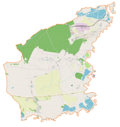 Mapa konturowa gminy Miedźna, po lewej nieco na dole znajduje się punkt z opisem „Miedźna”