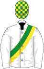 White, green and yellow sash, green and yellow checked cap