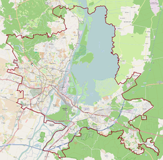 Mapa konturowa Szczecina, po lewej znajduje się punkt z opisem „Fabryka Mechanizmów Samochodowych Polmo S.A.”