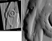 Tractus Fossae ringed pit, as seen by HiRISE. Scale bar is 1000 meters long.