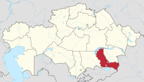 Map of Kazakhstan, location of Almaty Province highlighted