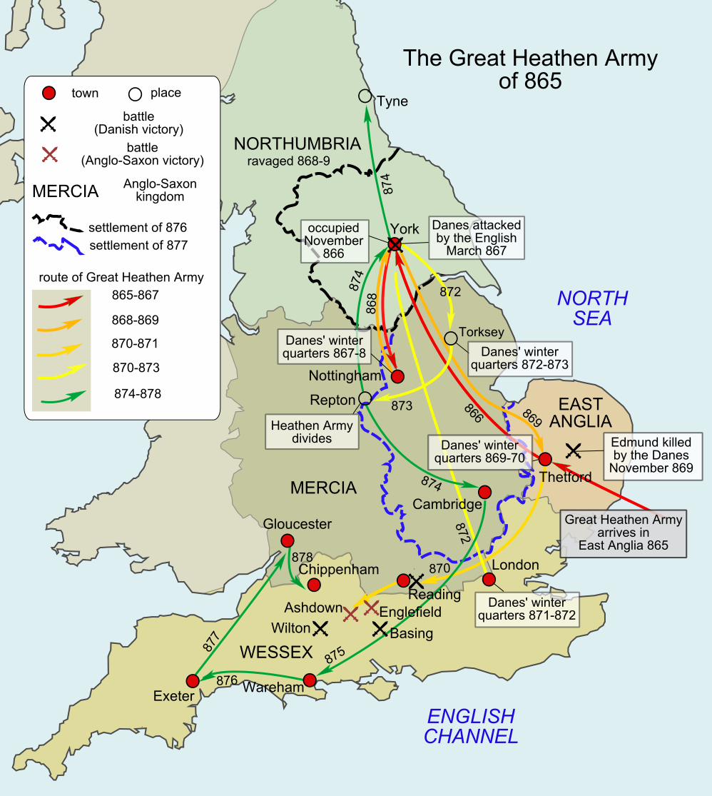 A map of the Viking invasion in East Anglia with the routes of the Great Heathen Army