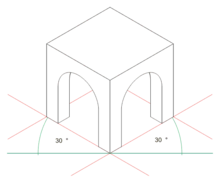 Schéma géométrique d'une construction architecturale simple représentée en perspective isométrique, sur lequel est précisée la taille des angles utilisée pour aboutir à cette représentation.