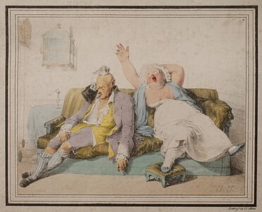 Un couple, lithographie coloriée d'après Jean-Baptiste Isabey (Caricatures, planche 8, 1818).