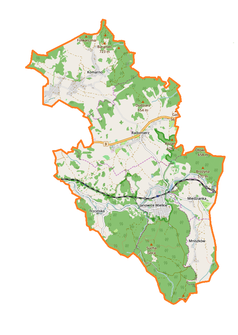 Mapa konturowa gminy Janowice Wielkie, na dole nieco na prawo znajduje się ikonka zamku z wieżą z opisem „Zamek Bolczów”