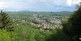 Vue panoramique d'une ville entre des montagnes boisées.