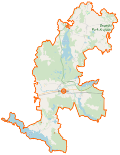 Mapa konturowa gminy Złocieniec, u góry nieco na prawo znajduje się punkt z opisem „Chlebowo”