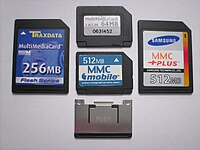 Front of four different MMC cards: MMC, RS-MMC, MMCplus, MMCmobile, and metal extender