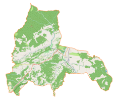 Mapa konturowa gminy Milówka, w centrum znajduje się punkt z opisem „Synagoga w Milówce”