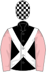 Black, white cross sashes, pink sleeves, white and black check cap