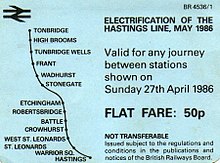 Photograph showing the back of the souvenir ticket from the first day of electric train operation, 27 April 1986.