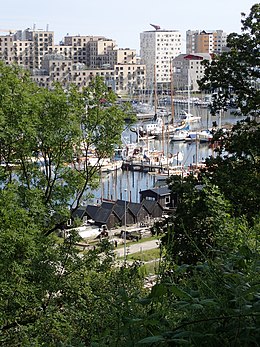 View of Aarhus Docklands from Riis Skov (July 2017)